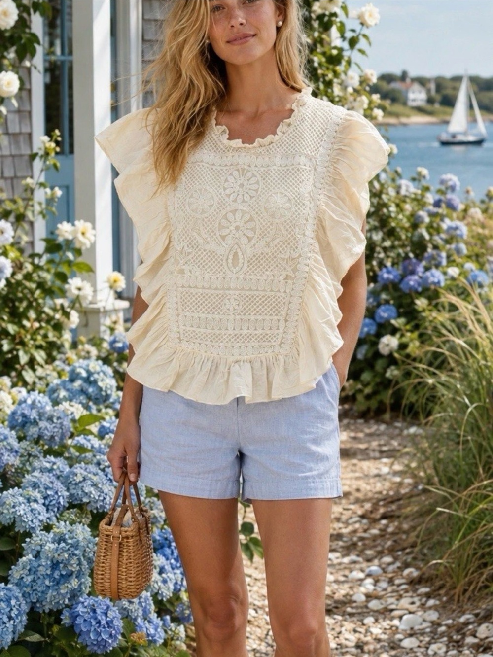Joie Cream Embroidered Lace Ruffle Sleeveless Blouse Top Medium 100% Cotton